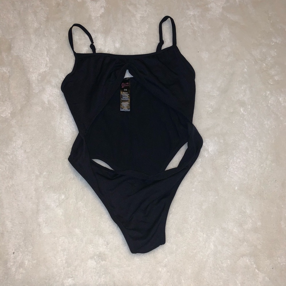 Cutout stretch underboob thong bodysuit black rave